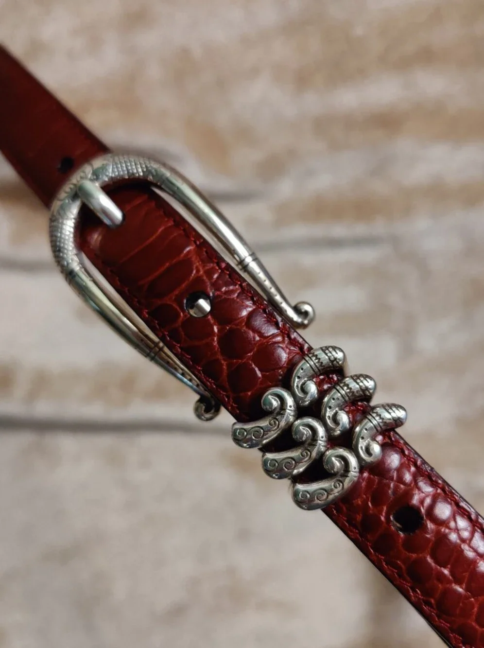 Brighton Dark Red Croc-Embossed Leather Belt with Silver Tone Buckle, Size M